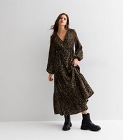 Gini London Khaki Leopard Print Tie Waist Midi Wrap Dress